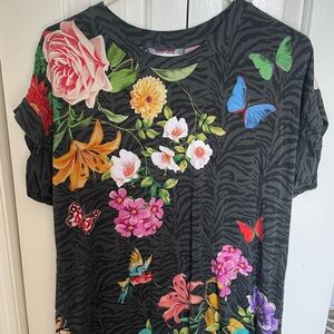 Johnny Was Black Tee with Multicolor Floral & Butterfly Print
